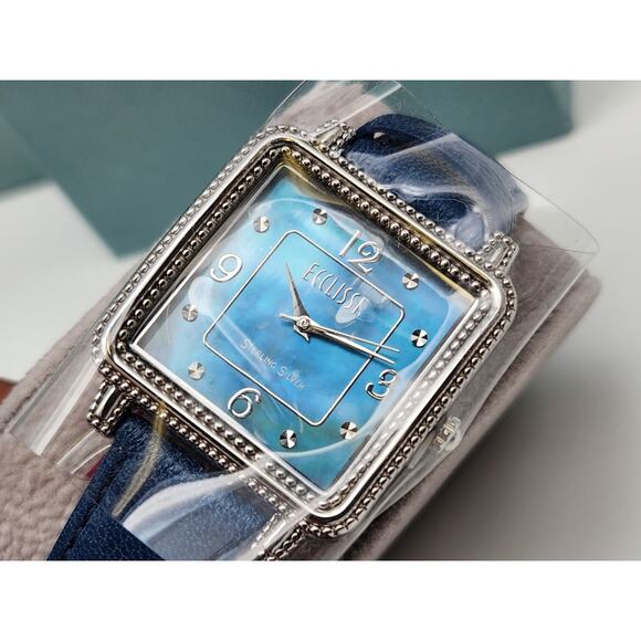 Ecclissi Sterling Silver 925 Mother Of Pearl Leather Band Tank Watch New Battery - Picture 3 of 15